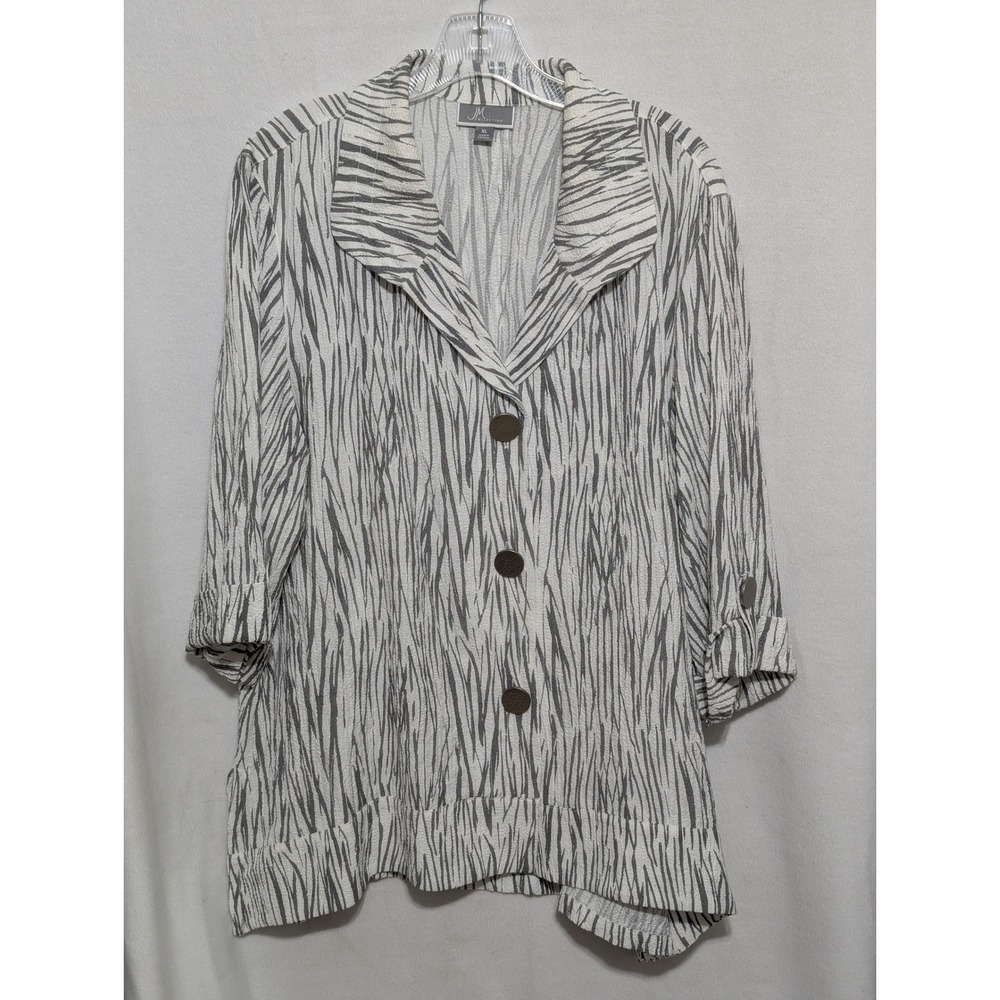 JM Collection Grey White Abstract Print Button Front Crinkle Top XL 3/4 Sleeve